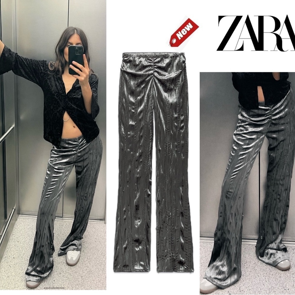 ZARA FESTIVE DAYS WRINKLE LOOK VELVET FLARED LEGGINGS PANTS GRAY Sz L NWT